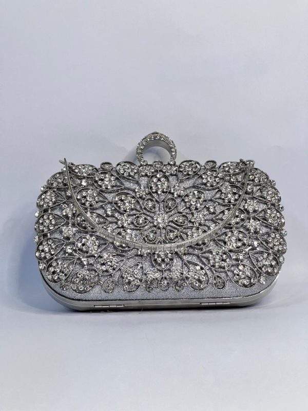 Metallic Rhinestone Silver Clutch - Image 3