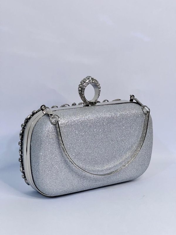 Metallic Rhinestone Silver Clutch - Image 5