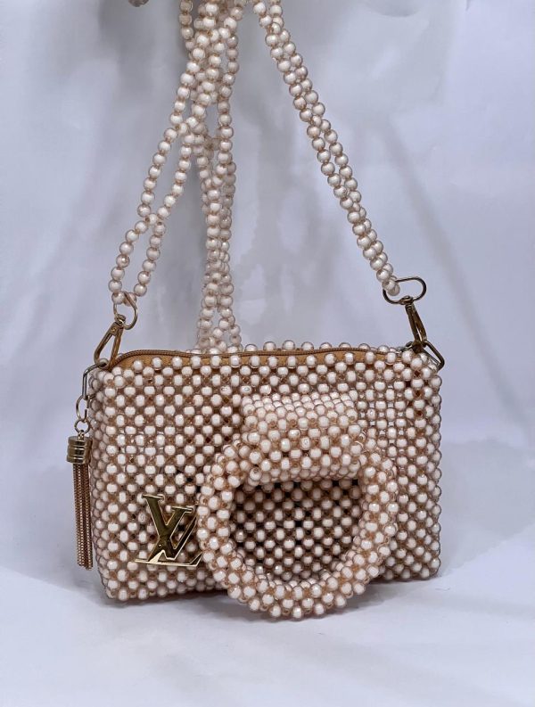 Ladies Beige Acrylic Beaded Handbag - Image 2