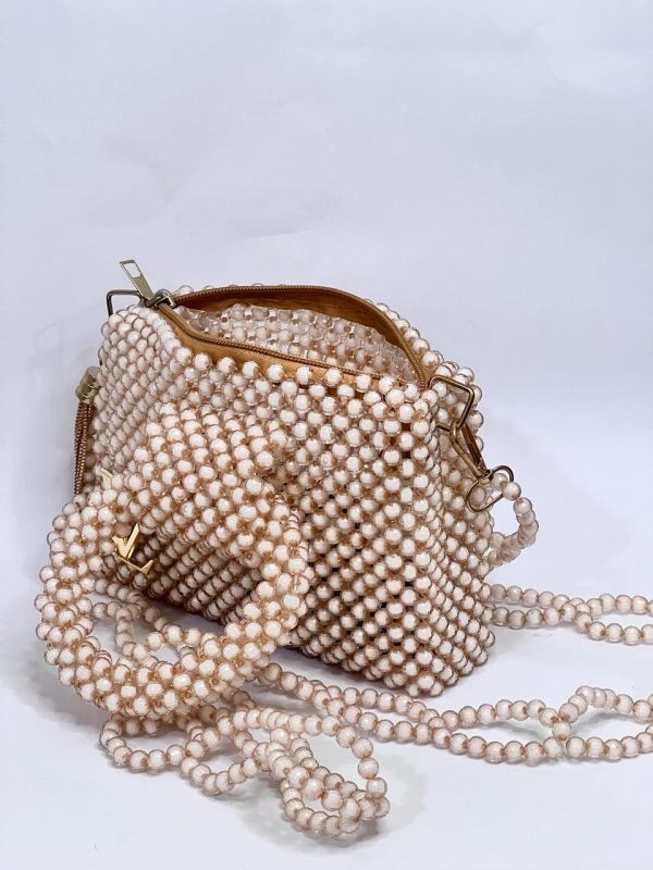 Ladies Beige Acrylic Beaded Handbag - Image 3