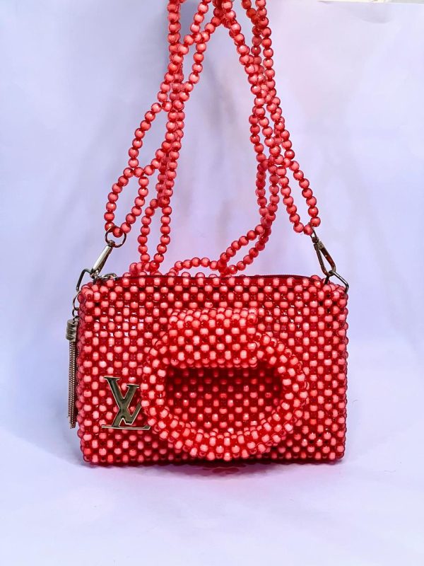 Ladies Red Acrylic Beaded Handbag - Image 4